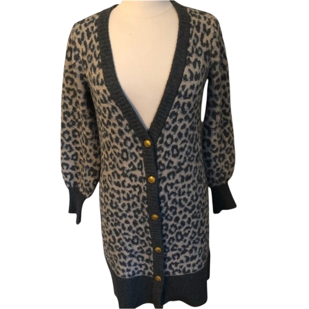 Marled cream,gray & blue gray cardigan w/lantern sleeves w/gray trim&cuff SizeXS